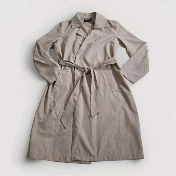 Vero Moda Wrap Coat Womens L Beige Belted Mid Length Pockets Lightweight Preppy - Picture 10 of 16